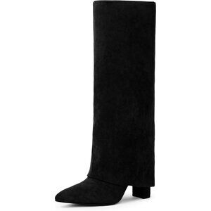 Women Black Suede Faux Leather Fold Over Knee High Chunky High Heels Boot